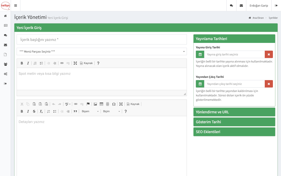  Tellys içerik giriş ekranı
