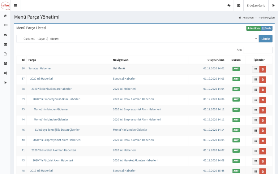  Tellys menü navigasyon yönetim ekranı