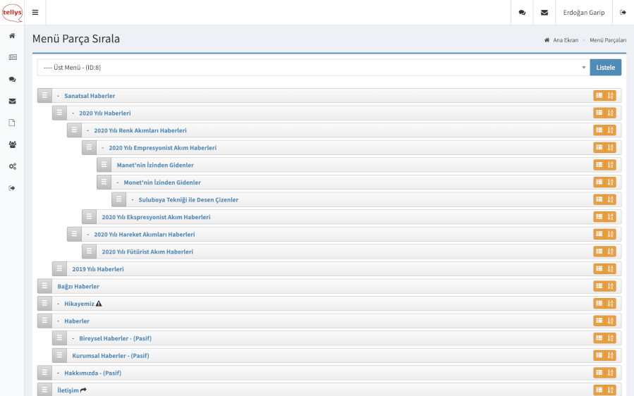  Tellys menü içerik sıralama ekranı