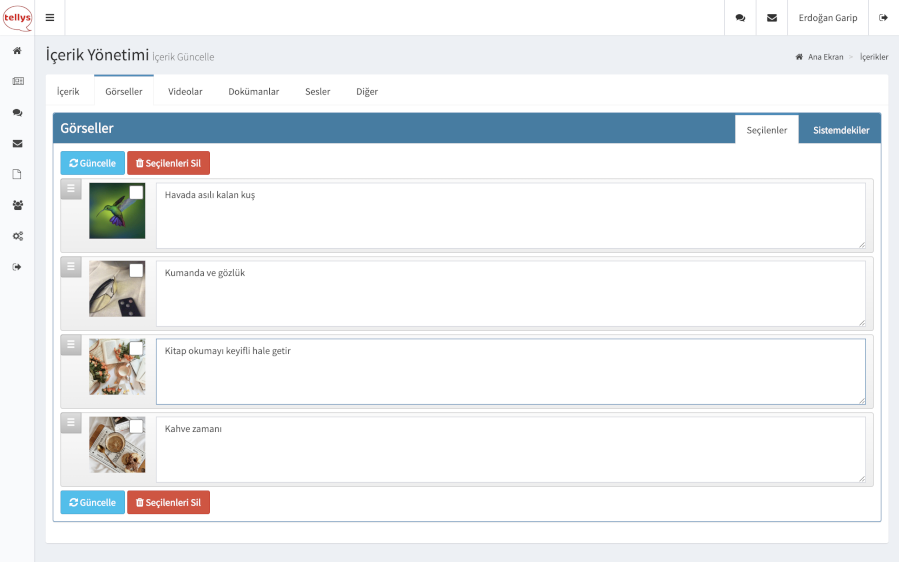  Tellys içeriğe atanmış dosyaların yönetimi ekranı