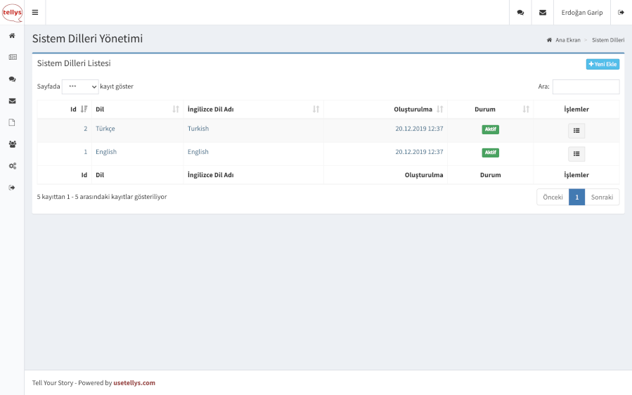  Tellys sistem dilleri yönetim ekranı