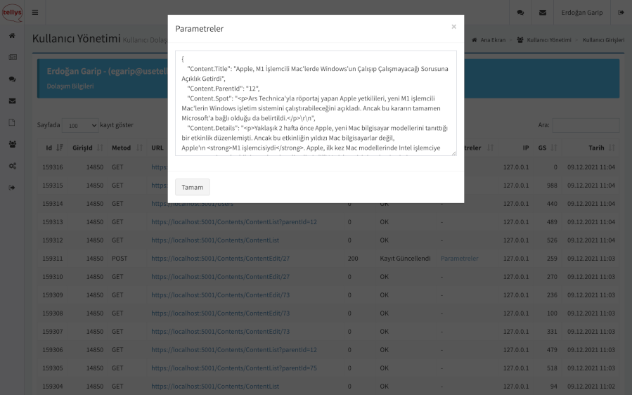  Tellys kullanıcı dolaşım post parametre görüntüleme ekranı